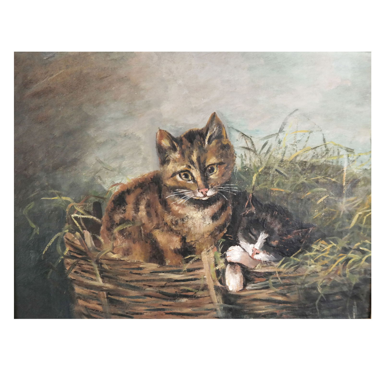 "Kitty Corner" - Mid 20th C. Oil Painting: Mid-20th century oil on canvas painting, unsigned, of cats in a basket, titled "Kitty Corner". [Sight: 11 5/8" H x 15 5/8" W; Frame: 16 3/4" H x 20 3/4" W]. Light accretion; marks and wear to frame.