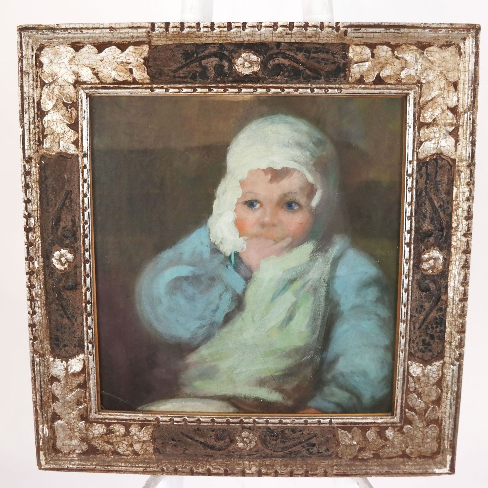 Morris J. KALLEM: Portrait of a Lady and a Baby: Morris H. Kallem (American, 1889-1953). Double-sided painting, circa 1930, depicting a portrait of a lady and a portrait of a baby. Oil on masonite board. Signed verso, lower right. [Work: 17 3/4 x 16