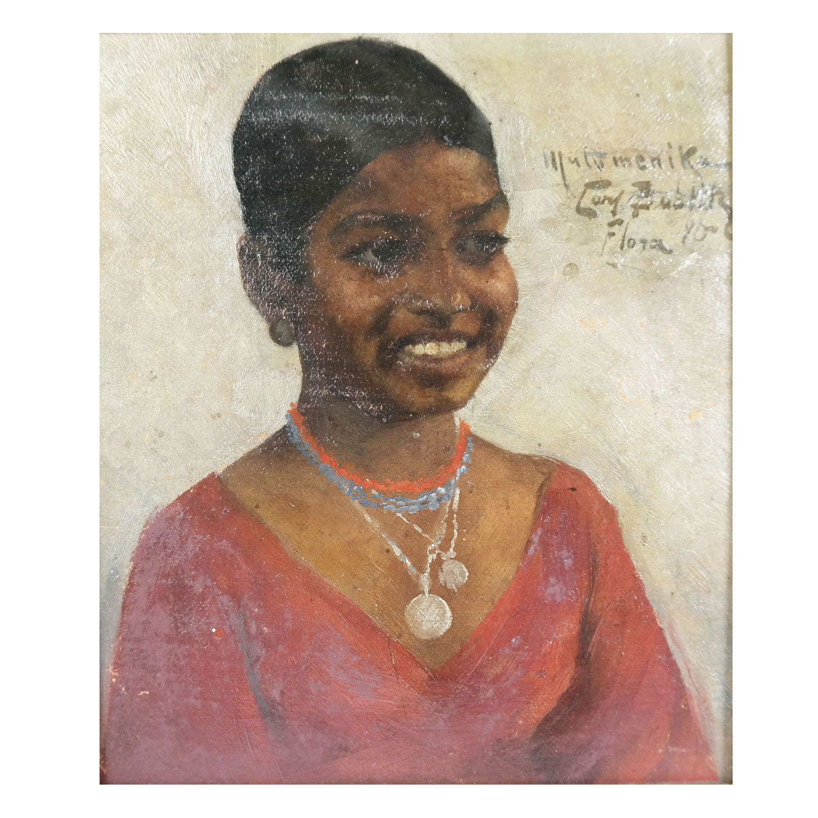 Portrait of a Lady - Oil on Masonite: Oil on masonite board portrait of a lady, possibly East African Hutu Menika, Rwanda, or Burundi. Illegibly signed upper right "Cary (?) Bublitz (?). [Sight: 7 3/4 x 6 1/2 inches; Frame: 11 3/4 x 10 1/