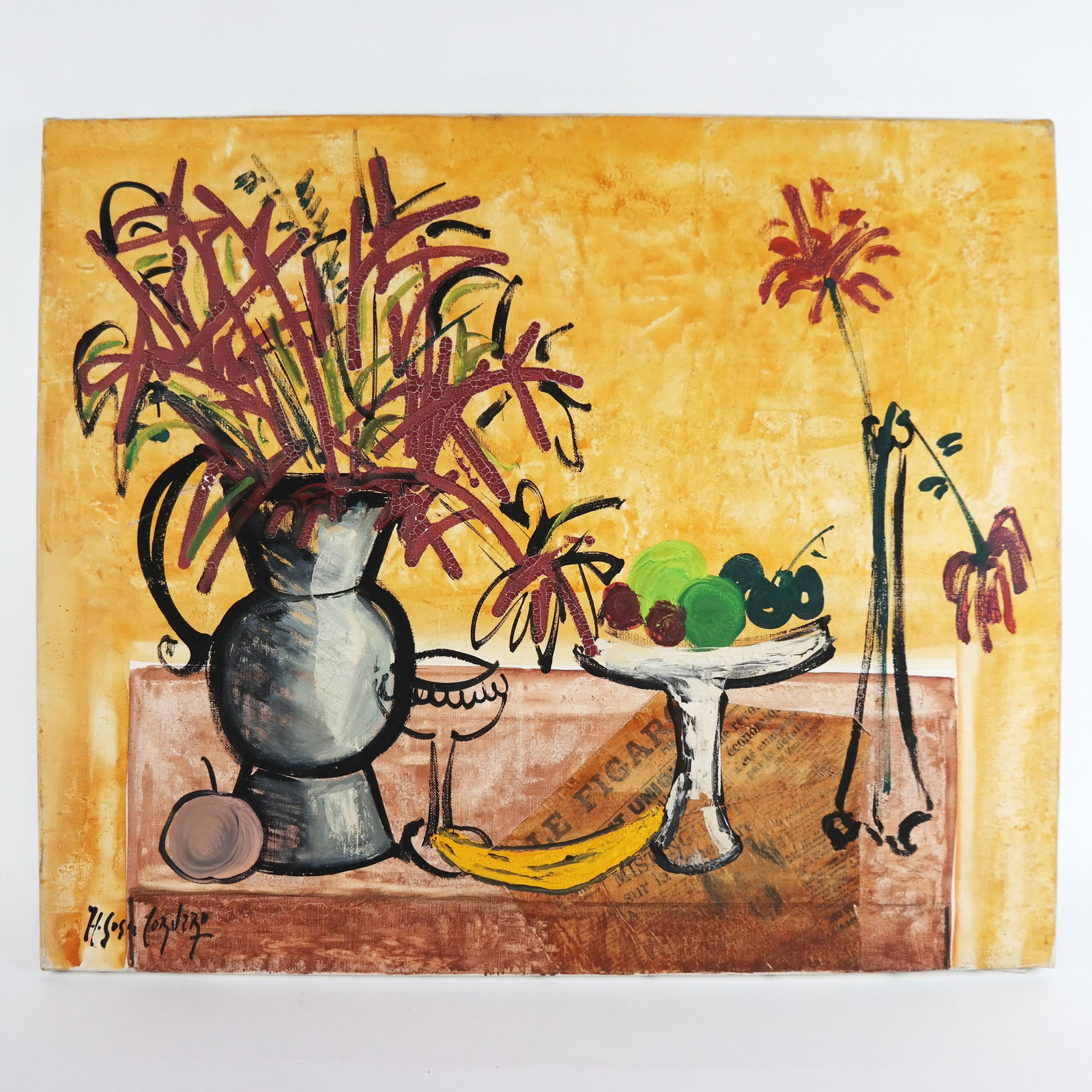 Horacio de SOSA CORDERO: Still Life w/ Fruit: Horacia de Sosa Cordero (Argentinian, 1945-2014). Mixed media still life with flowers, fruit, and newspaper on table. Unframed. [18 1/4 x 21 1/2 inches]. Puncture left center, rubbing to edge.