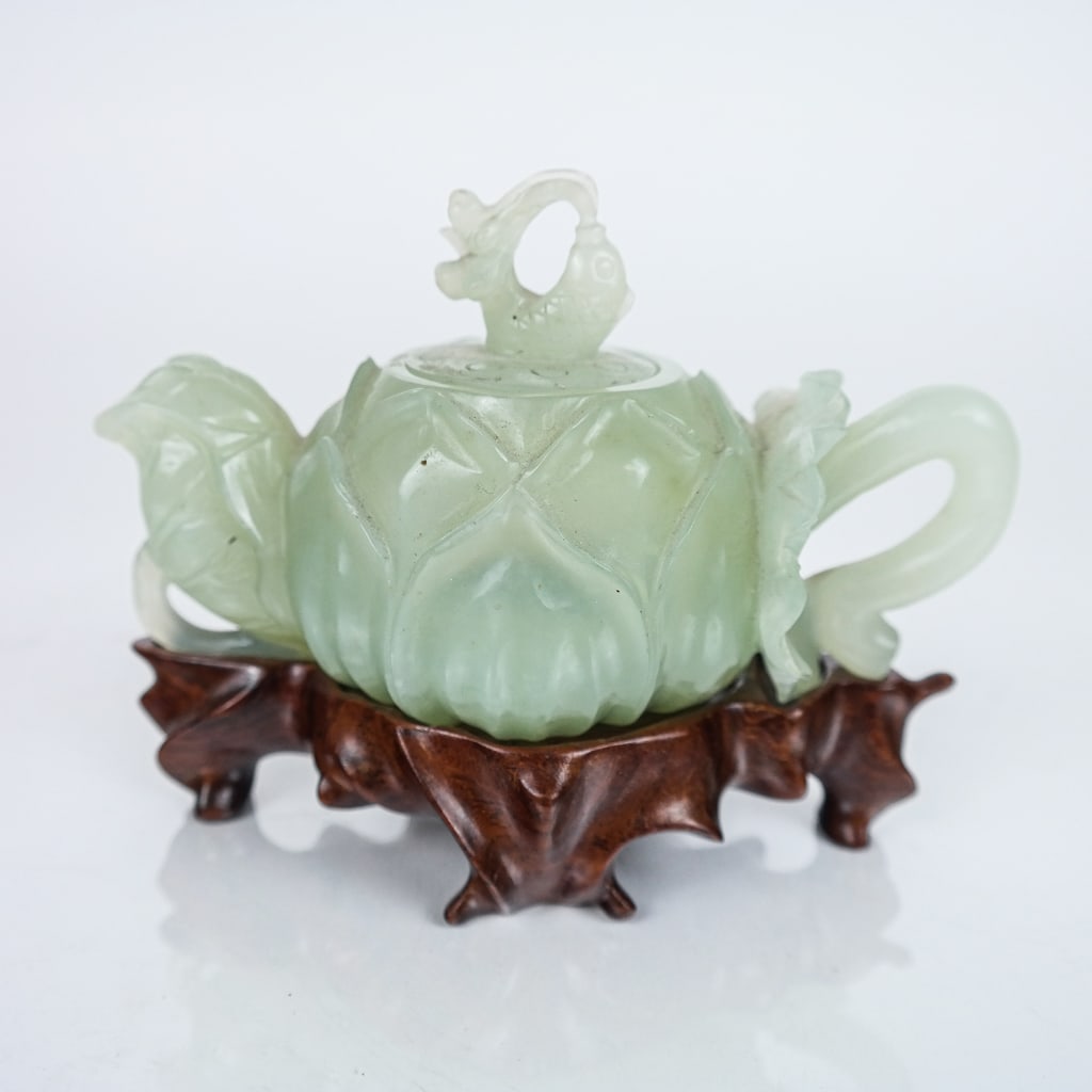 Carved Hardstone Teapot and Cover w/ Wood Stand (1 of 7)
