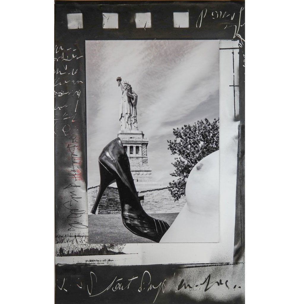 Marjorie JASPER: Liberty Island - Mixed Media: Marjorie Jasper mixed media on canvas, 2011, "Liberty Island, New York City", depicting a nude with the Statue of Liberty, signed and dated verso, unframed. [25" H x 39 3/4" W]. Light abrasions to edg