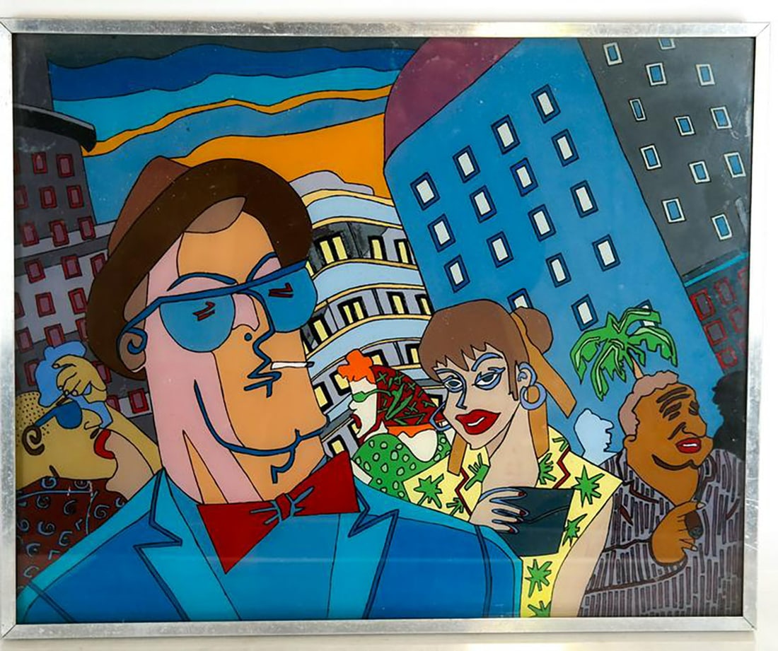 Modern Urban Scene - Reverse Painting on Glass: Modernist style reverse painting on glass, in metal frame, featuring men smoking and a woman in an urban setting. Not signed. 16 1/2 x 20 inches]. Minor paint wear. Location: Catwalk 12.27.21