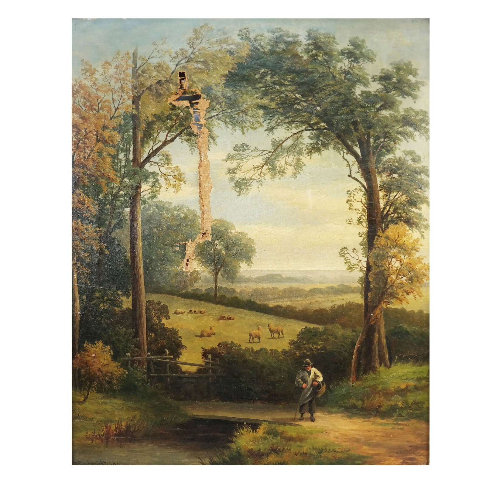 Wm. CARTWRIGHT: Landscape- Painting: Landscape oil on canvas painting with sheep and shepherd, signed lower left "William Cartwright" and dated 1904. [Art: 20" H x 16" W; Frame: 25" H x 21" W]. As is.