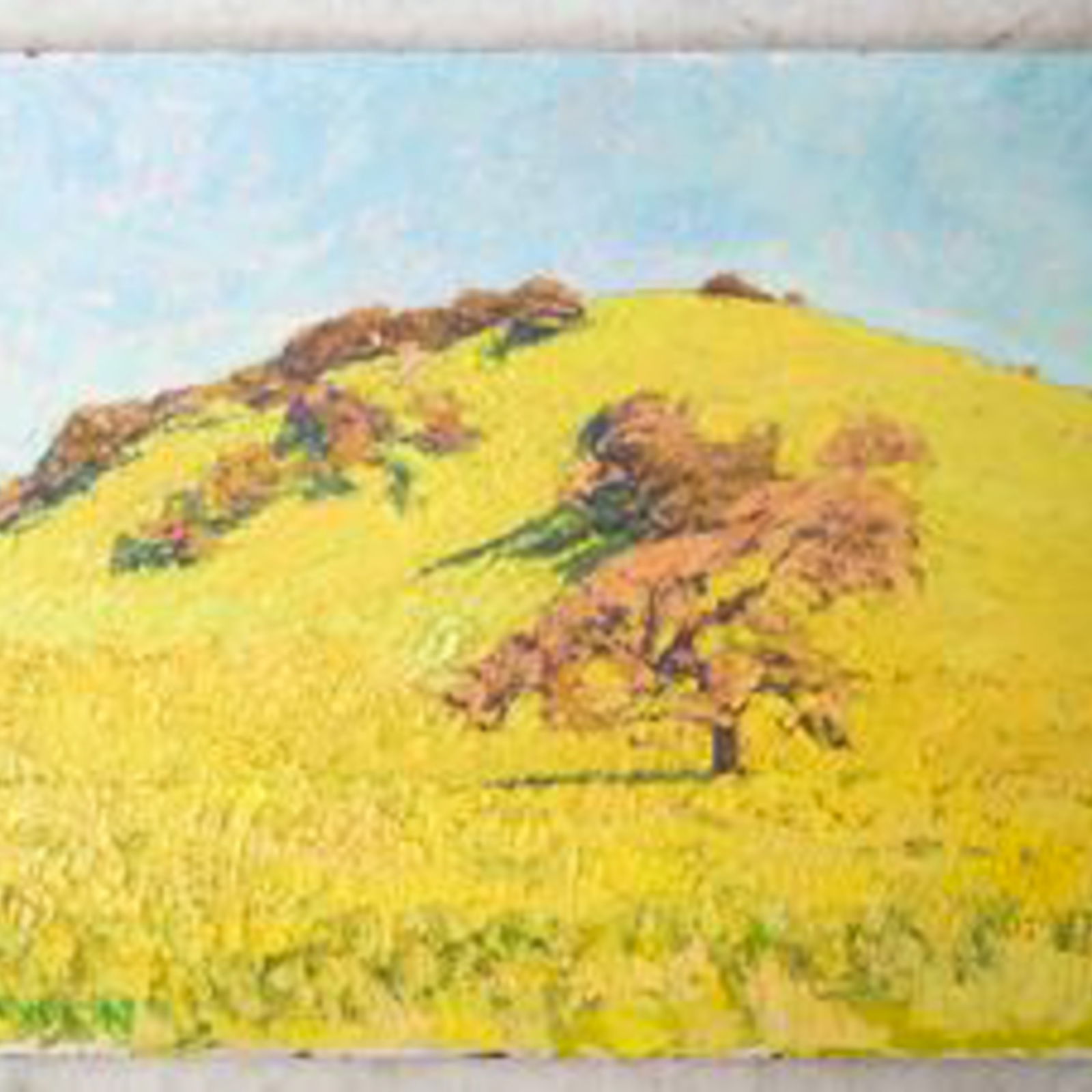 F. BANNON (?) - Landscape - Oil on Masonite: Oil on canvas, signed "F. Bannon (?)" lower left, of a landscape in vibrant yellow with a blue and pink sky. [15 5/8 x 20 inches].