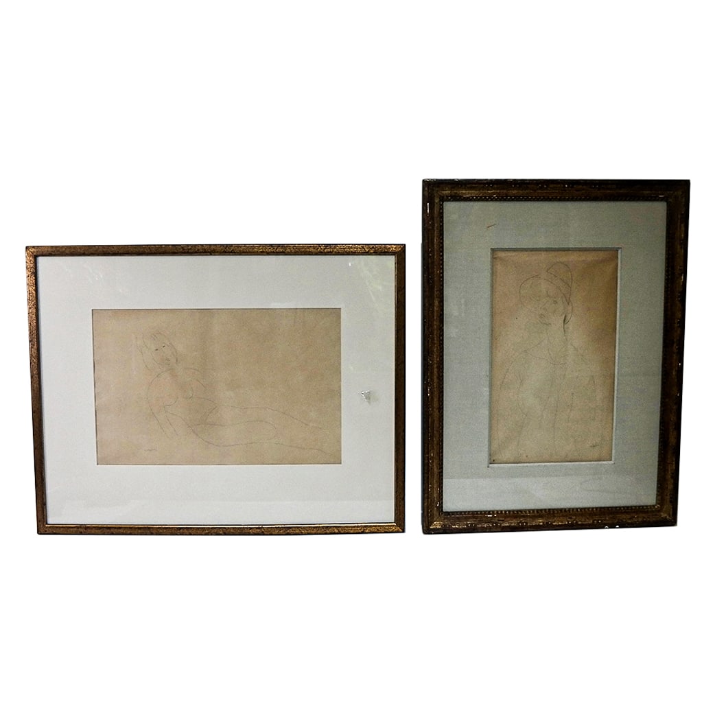 Amadeo MODIGLIANI: Two Drawings: Two drawings on paper by Amadeo Modigliani (Italian, 1884-1920), one a reclining nude woman, signed lower left and bearing a gallery label on back [Art: 11" H x 17" W; Frame: 21" H x 27" W] and one of