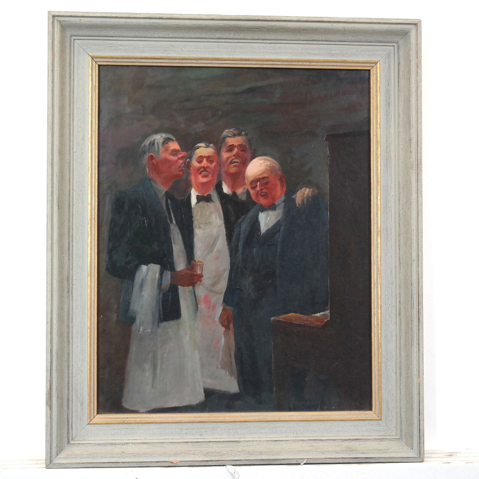 H. AMUNDSEN: Tavern Scene - Painting: Oil on board painting of a tavern scene with singing waiters by a piano, signed lower right. [Art: 19" H x 15" W; frame: 25" H x 21" W].