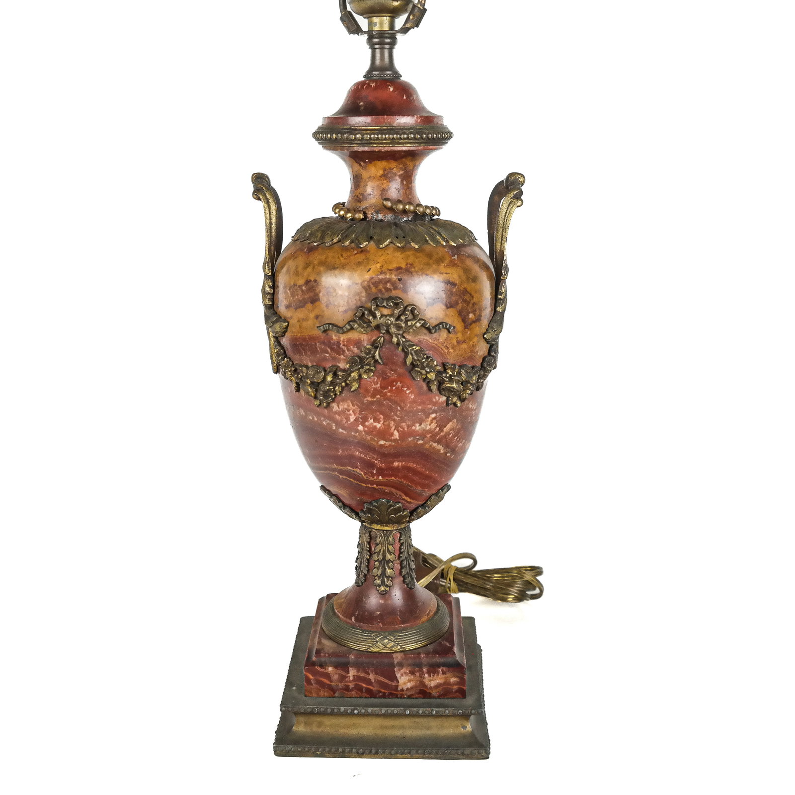 French Bronze Urn-Form Lamp: Urn-form lamp with bronze mounts and two handles, on rouge marble. [25" H x 5" W x 5" D (including harp)].