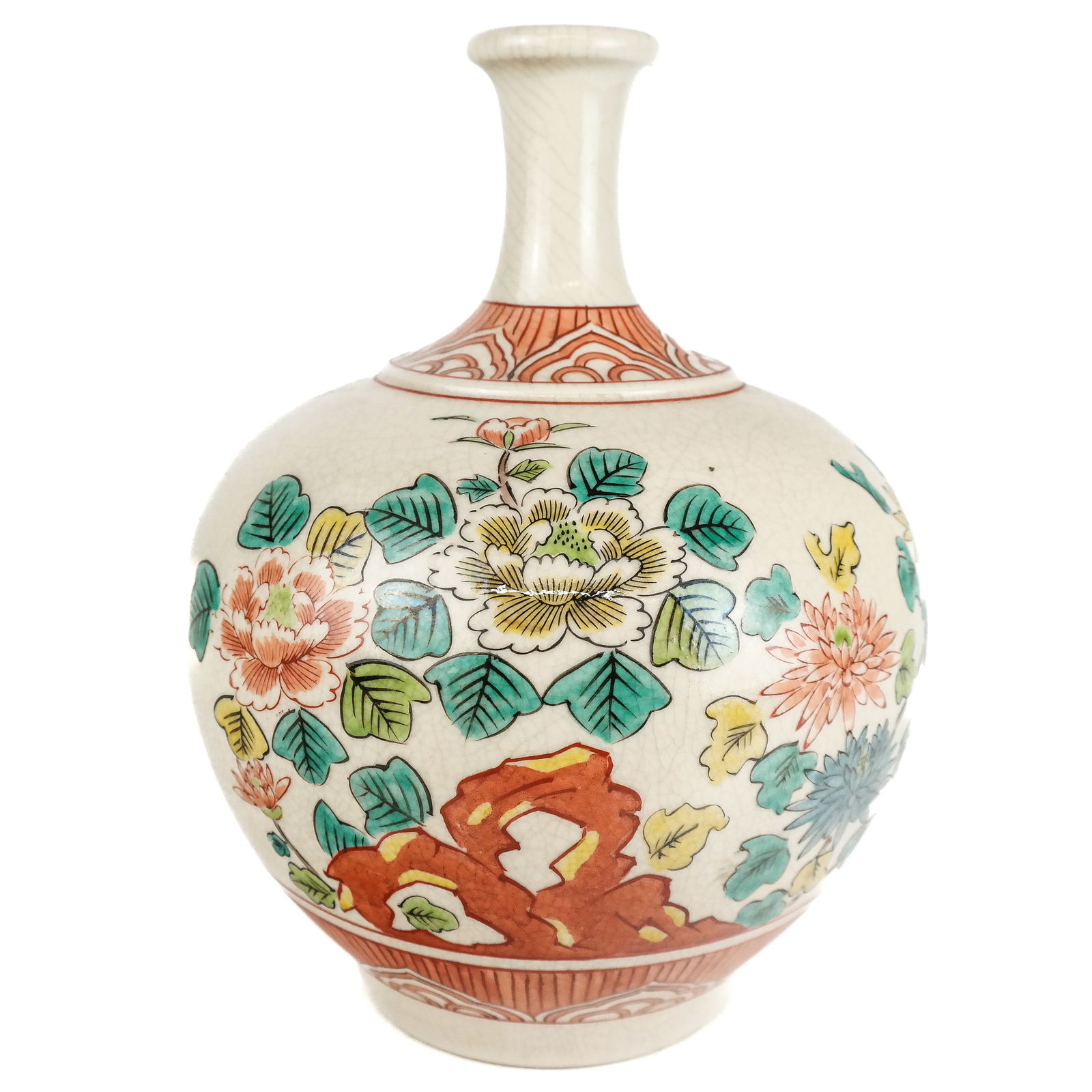 Asian Narrow Necked Vase w/ Floral Decoration (1 of 8)