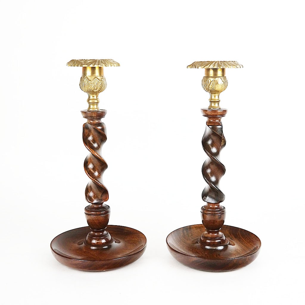 Pair of Wood and Brass Candlesticks (1 of 7)
