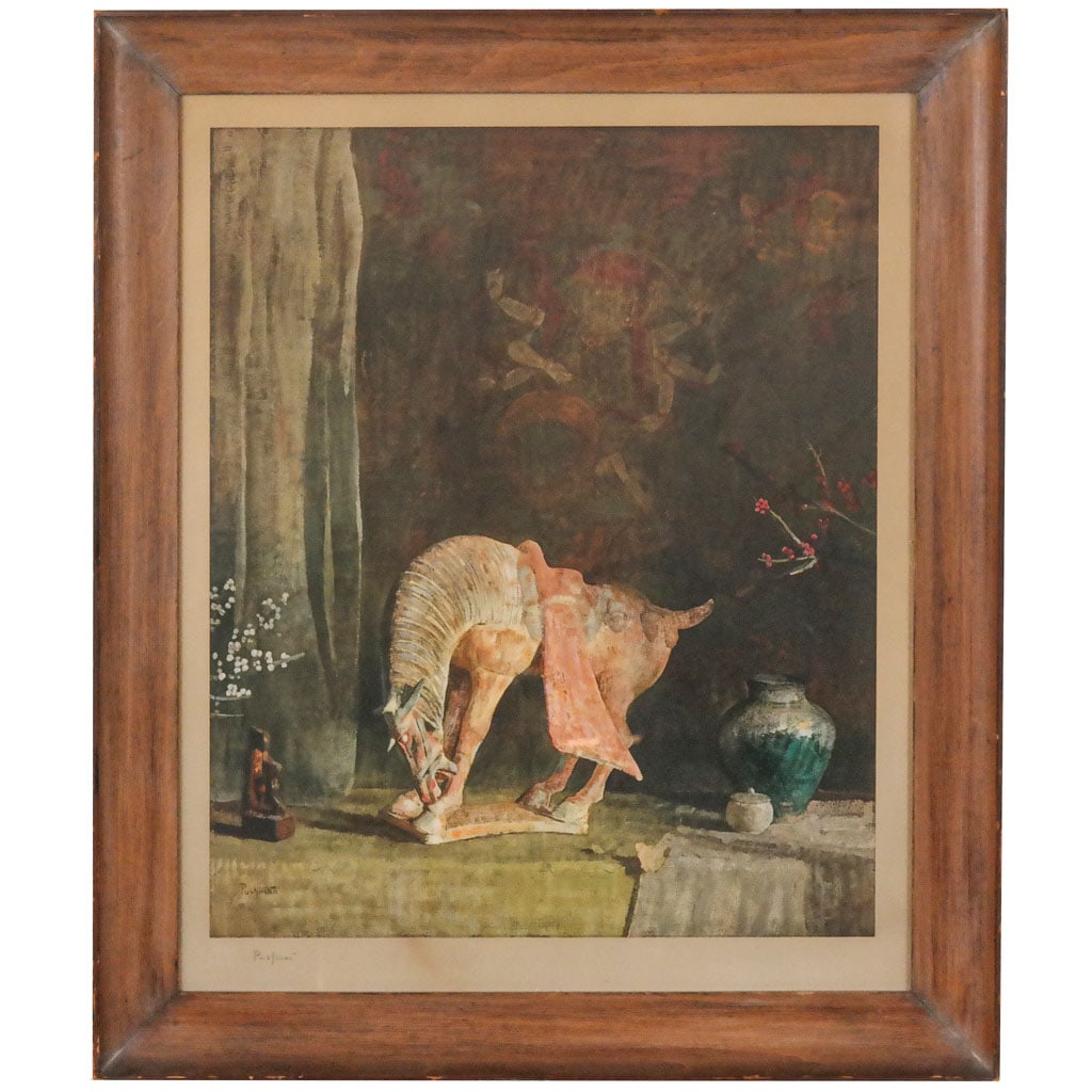 Hovsep PUSHMAN: Ceramics With Goddess - Print: Hovsep Pushman (American, 1877-1966). Quality print of ceramics with goddess backdrop. Print with "Fine Art Trade Guild. A*NMK*N" seal to paper. Signed in pencil to border. Orientalist scene with Tang