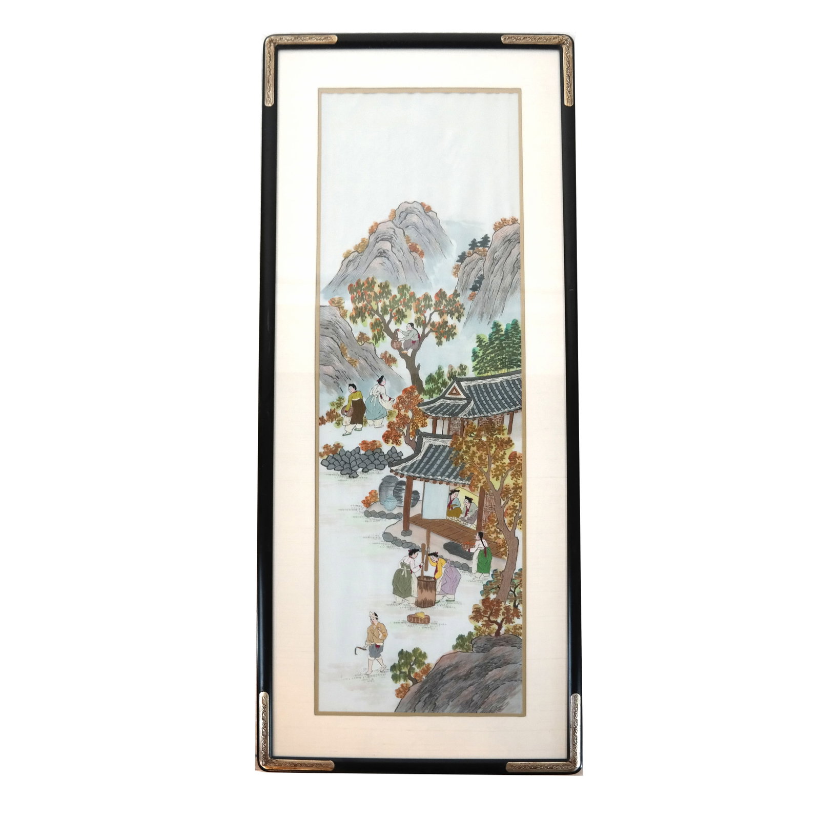Chinese Embroidery Painting on Silk: Chinese embroidered painting on silk, of figures in a landscape. [Sight: 39" H x 12 1/4" W; Frame: 47" H x 20 1/4" W]. In good condition. 12.27.21 Location: Catwalk