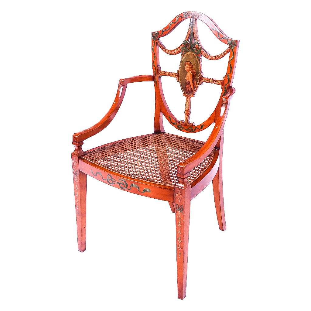 Edwardian Period Satinwood Armchair: Edwardian period satinwood armchair, finely painted in the Angelica Kauffman style, with hand-caned seat, circa 1900. [37" H x 20" W x 17 1/2" D].