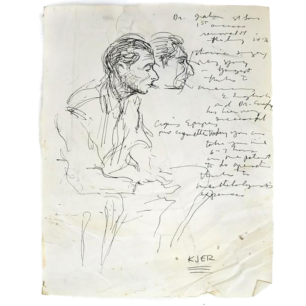 Drawing, Double-Sided "KJER": Black ink sketch, double-sided, seated portrait smoking a cigarette, inscribed "Dr. Graham 1st Success 34-36" thanking various doctors for successful surgery. Other side depicts the same sitter, signe