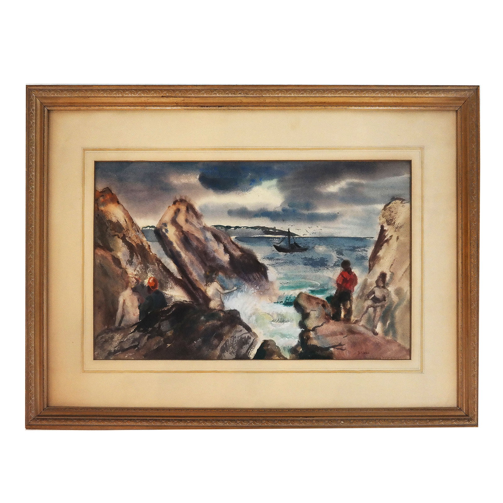 Bernard KLONIS: In the Sea - Watercolor Painting: Bernard Klonis (American, 1906-1957) "In the Sea", watercolor on paper painting, framed. [Sight: 13" H x 21 1/2" W; Frame: 22 1/4" H x 31" W]. In good condition.