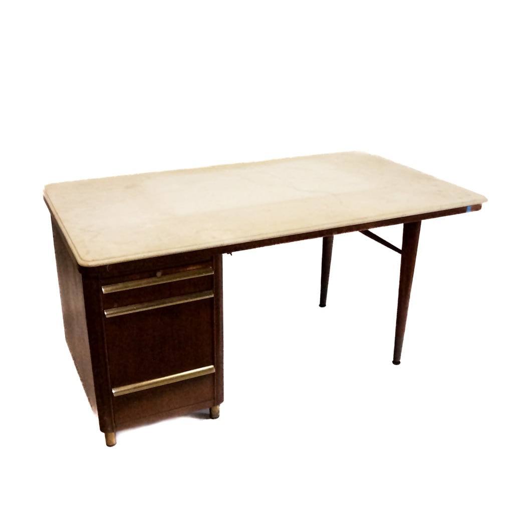 Mid-Century Stow & Davis Desk: Mid-century large beveled marble top Stow & Davis desk with three side drawers, having brass-plated handles. [30" H x 67" W x 37" D].