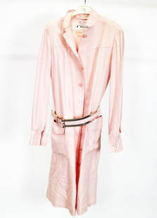 Chloe Belted Coat: Pink silk coat with pink and silver leather backed belt, 298" shoulder 28" bust. In Ok condition; moderate staining to coat at underarms and neck; 2nd button torn off but retained, belt dry/stiff.