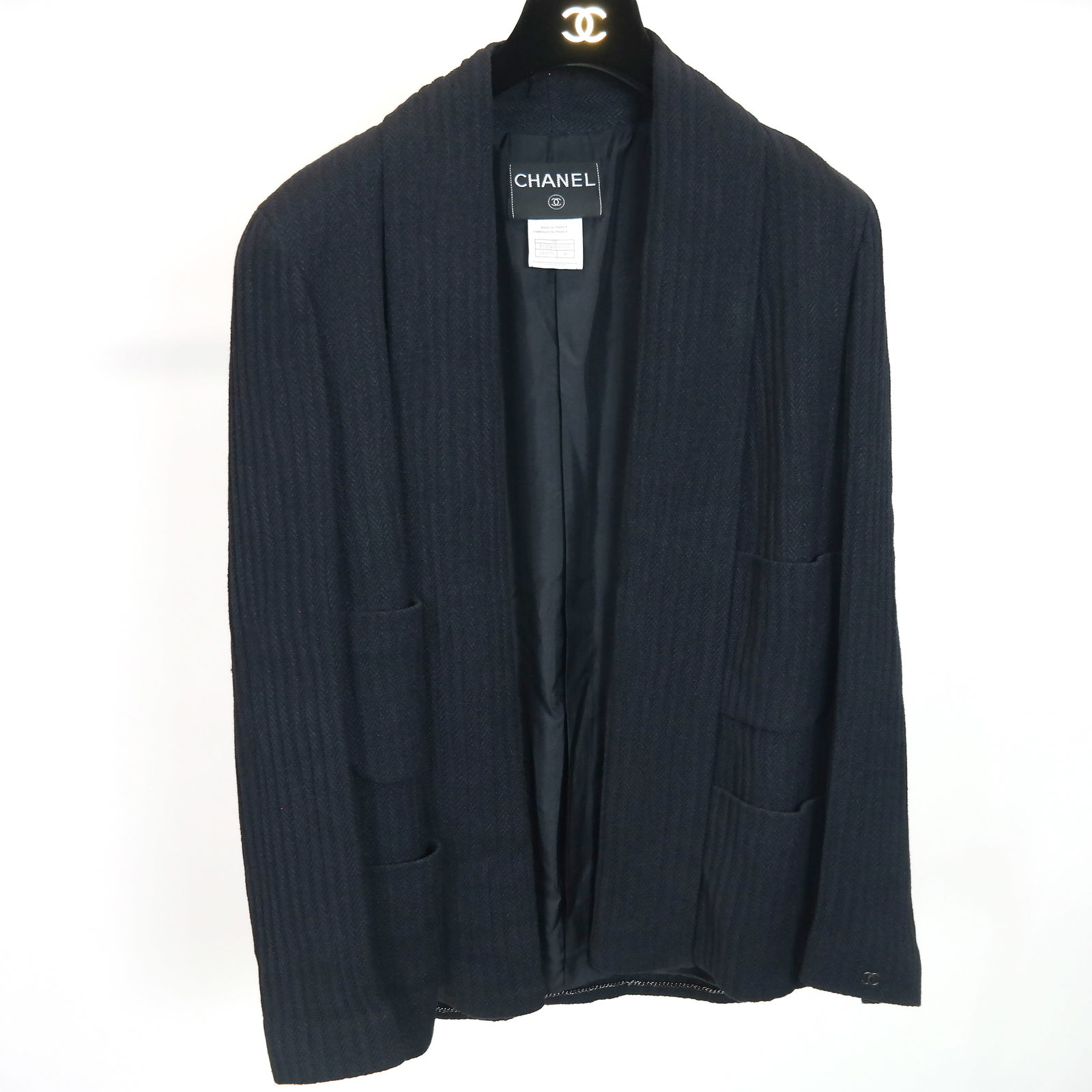 Chanel Cardigan: Linen and silk blend navy open front cardigan, 33" shoulder 38" bust.