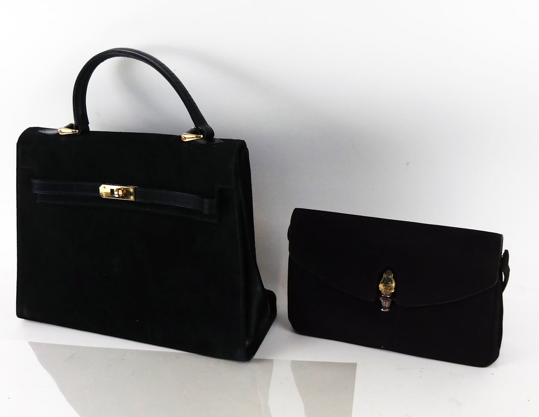 Two Black Suede Purses: Three Lederer de Paris black bags. 1) Good condition, general wear and rubbing to the suede at corners, marks from handle resting on top of bag. Interior clean., 2) Good condition, some discoloration 