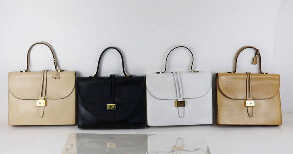 Set of 4 Lederer de Paris Top Handle Purses: 1) White leather top handle accordion style bag by Lederer de Paris, 2) Beige leather top handle accordion style bag by Lederer de Paris, 3) Black leather top handle accordion style bag by Lederer de