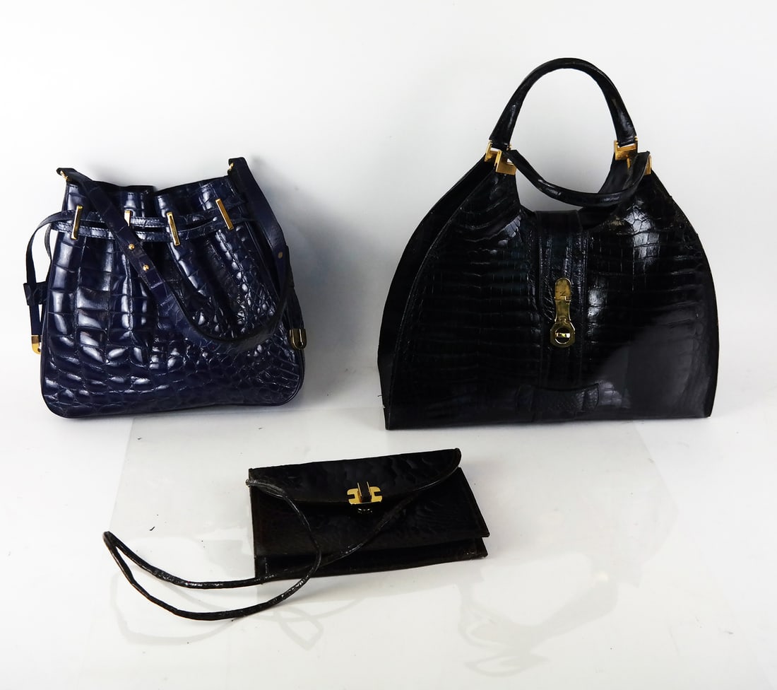 Set of 3 Crocodile-Embossed Leather Handbags (1 of 7)