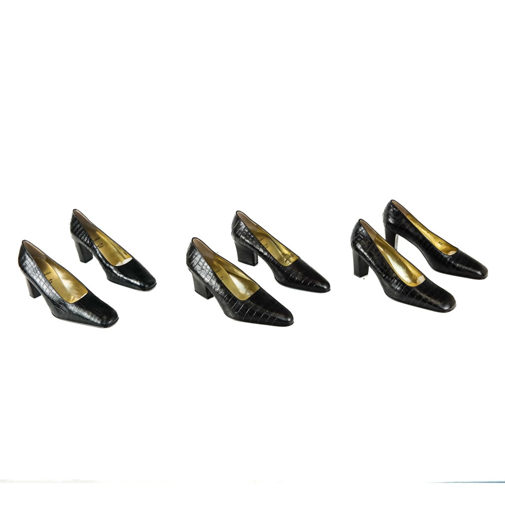 3 Pairs Leather Court Shoes by Bruno Magli: 1) Brown crocodile embossed leather pointed toe pumps, 2) Brown crocodile embossed leather square toe pumps, 3) Black crocodile embossed leather square toe pumps. All Size 9. In very good condition; v
