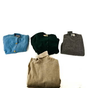 Four Vintage Cashmere Sweaters: 1) Light blue cardigan with brass buttons, 2) Heather gray crewneck sweater, 3) Emerald green twin set: cardigan and short sleeved sweater, 4) Beige turtleneck. 1) Excellent vintage condition, size M-