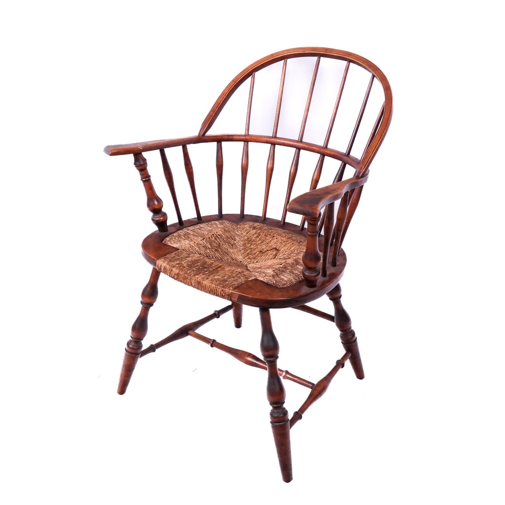 19th C. Maple Rush-Seat Windsor Chair: 19th century maple Windsor chair with rush seat. [35" H x 25" W x 17" D; 18" H to seat]. Seat very worn.