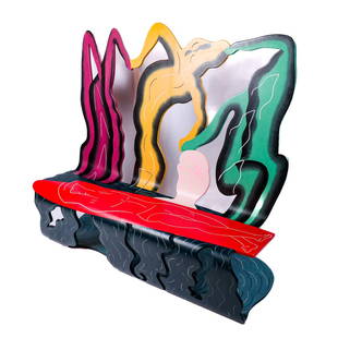 Alan SIEGEL: Modern Painted Bench, c. 1987: Alan Siegel (American, b. 1938). Modern painted bench "Odysseus and the Sirens." Figural back and painted details over curved base with wave motifs, signed and dated under seat. [54 1/2 x 59 1/2 x 25