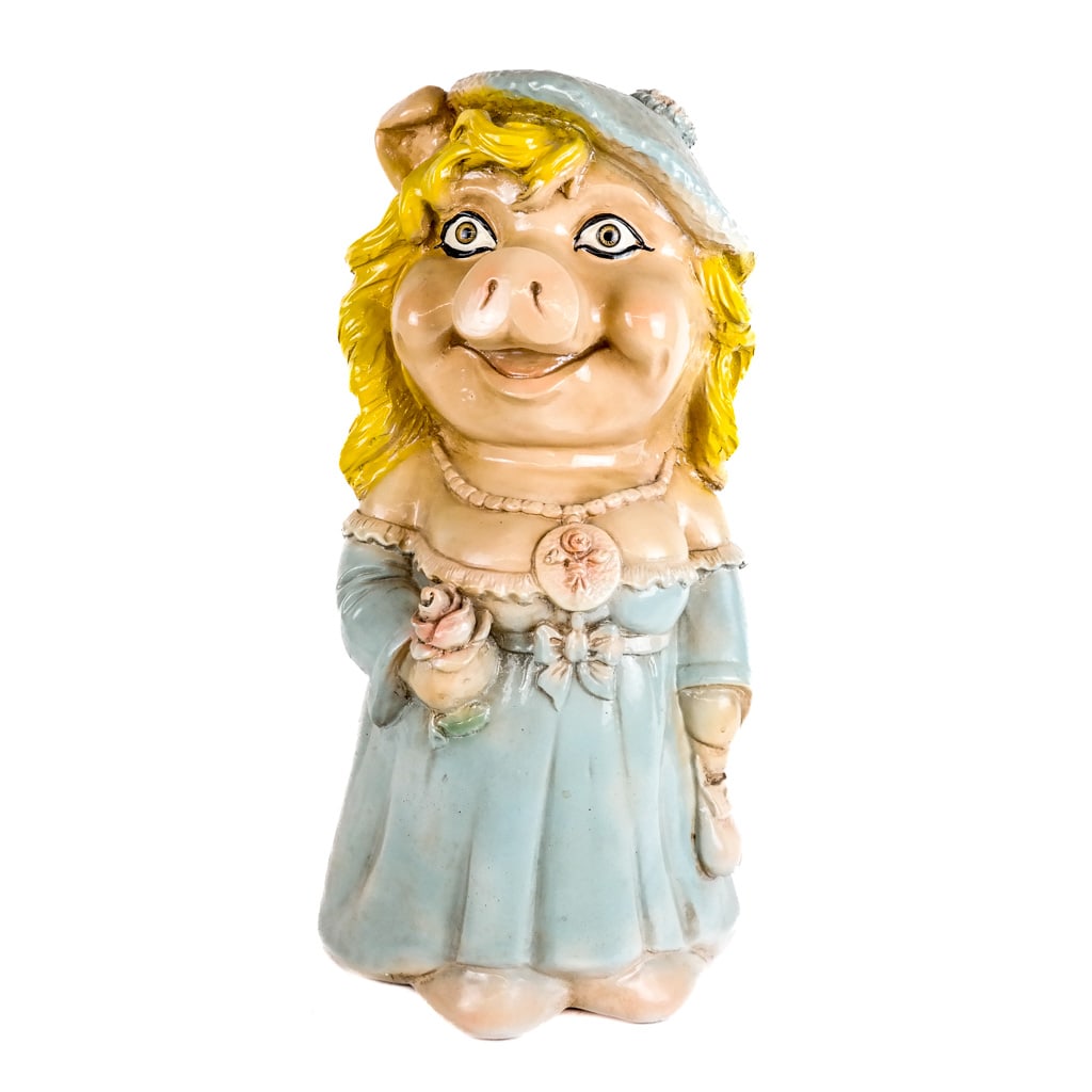 Limoges Creations Ceramic Miss Piggy Bank: Modeled smiling and holding a rosebud, money slot and corked hole in the rear, signed to base. [18 x 8 1/4 diam. inches]. Scattered marks and residue.
