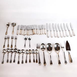 Christofle Silver Plate Flatware - 49 Pcs.: Lot of Christofle silver plate flatware and serving pieces, comprising knives (9, 16), forks (4) and spoons (6, 6), all in the same pattern, together with 3 serving pieces. No monograms.