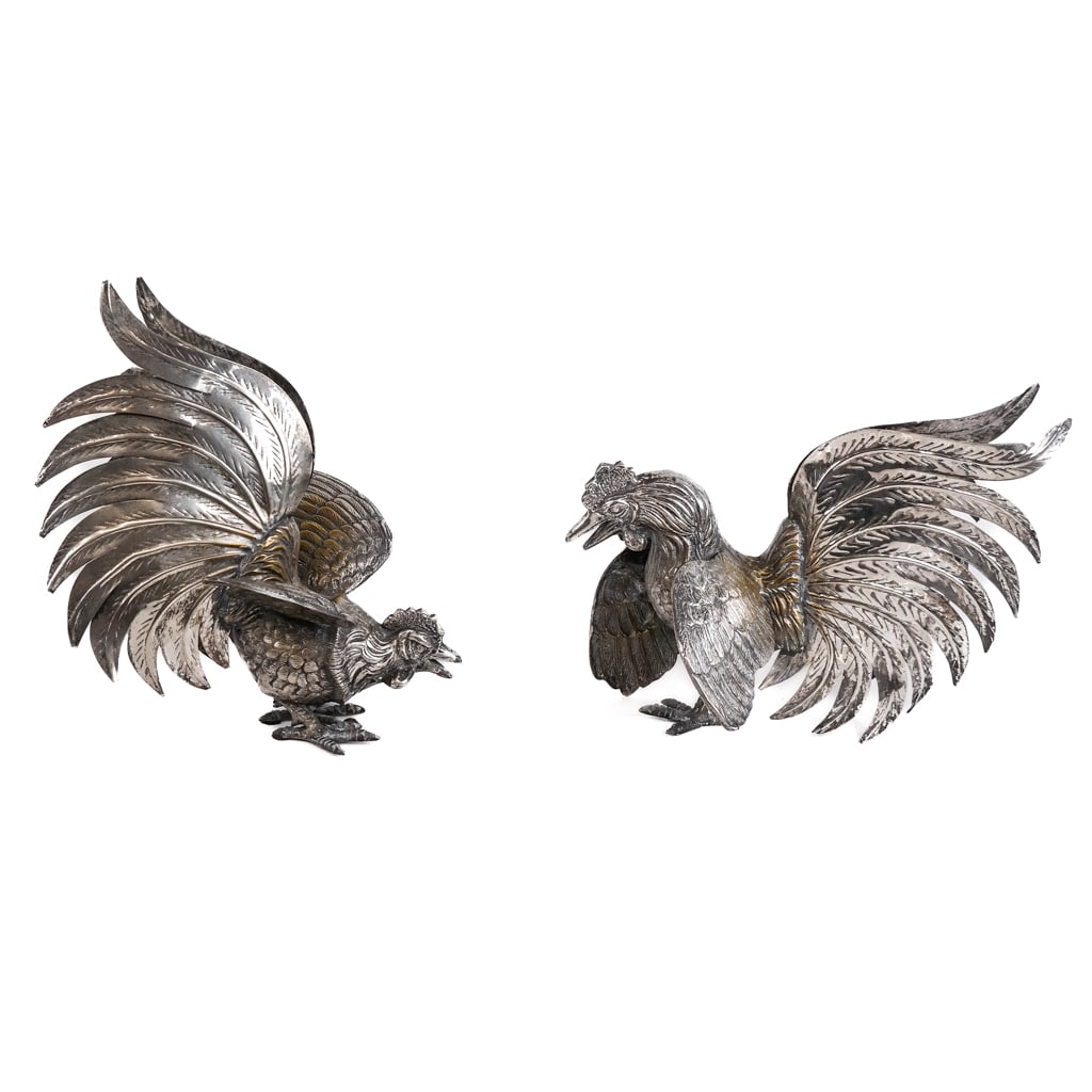 Pair of Silver Plate Roosters: Pair of silver plate roosters with tole tail feathers. [10" H x 12| L].