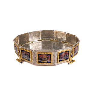 Judaica: Yaakov DAVIDOFF: Sterling Seder Plate: Yaakov Davidoff design sterling silver, enamel, and gold seder plate, elegantly designed with twelve panels double-sided with enamel or engraved scenes of the Seder ceremony with gold-plated borders,