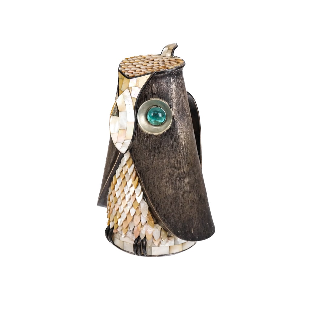 Los Castillo Taxco Whimsical Claret Jug: Los Castillo Taxco whimsical claret jug, with mother-of-pearl accented owl "feathers" and glass eyes. [9 3/4" H x 6 3/4" Diam.]. Losses to decoration.