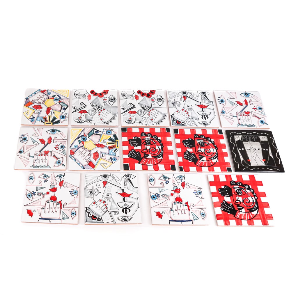 Set of 14 Italian Modern Painted Ceramic Tiles (1 of 10)