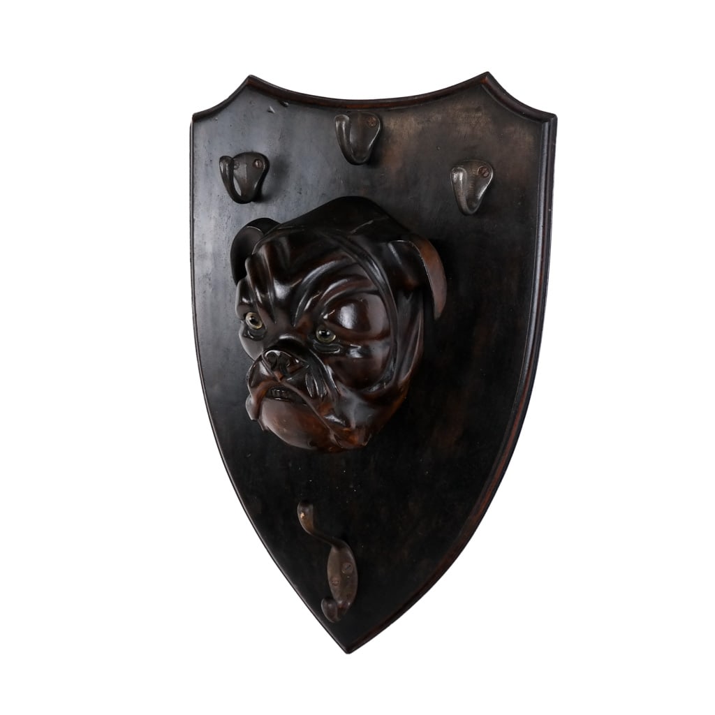 Carved Wood Bulldog Coat / Hat Rack: Carved wood bulldog coat / hat rack, possibly English, with hand-carved bust and metal hooks. [16" H x 10 1/2" W x 4 1/2" D]. Scuffs, marks and wear.