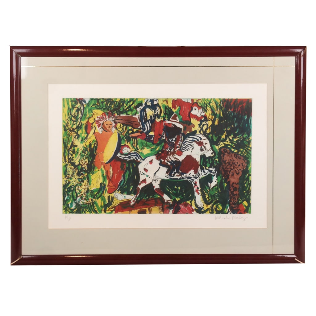 Malcolm MORLEY: Figures and Horse - Aquatint: Malcolm Morley aquatint of figures and a horse, Artist's Proof, signed, bearing blind stamp lower right. [Art: 20" H x 32" W; Frame: 38 1/2" H x 50 1/2" W]. Trim in corners "as-is".