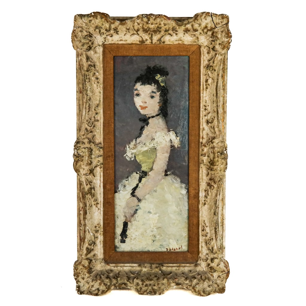 Dietz EDZARD: Portrait of a Ballerina: Dietz Edzard (German/French, 1893-1963) portrait of a lady "Ballerina. Oil on board. Signed, lower right with gallery label verso. [Sight: 14 x 5 1/4 inches, frame: 19 1/2 x 10 1/2 inches]. Cracks and