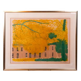 Andre BRASILIER: "The Yellow Tree" - Lithograph: Andre Brasilier (French, b. 1929) lithograph titled "The Yellow Tree" depicting a large home covered by a yellow tree. Edition Artiste (artist's proof). Signed, lower right. [Sight: 21 x 27 inches; Fr