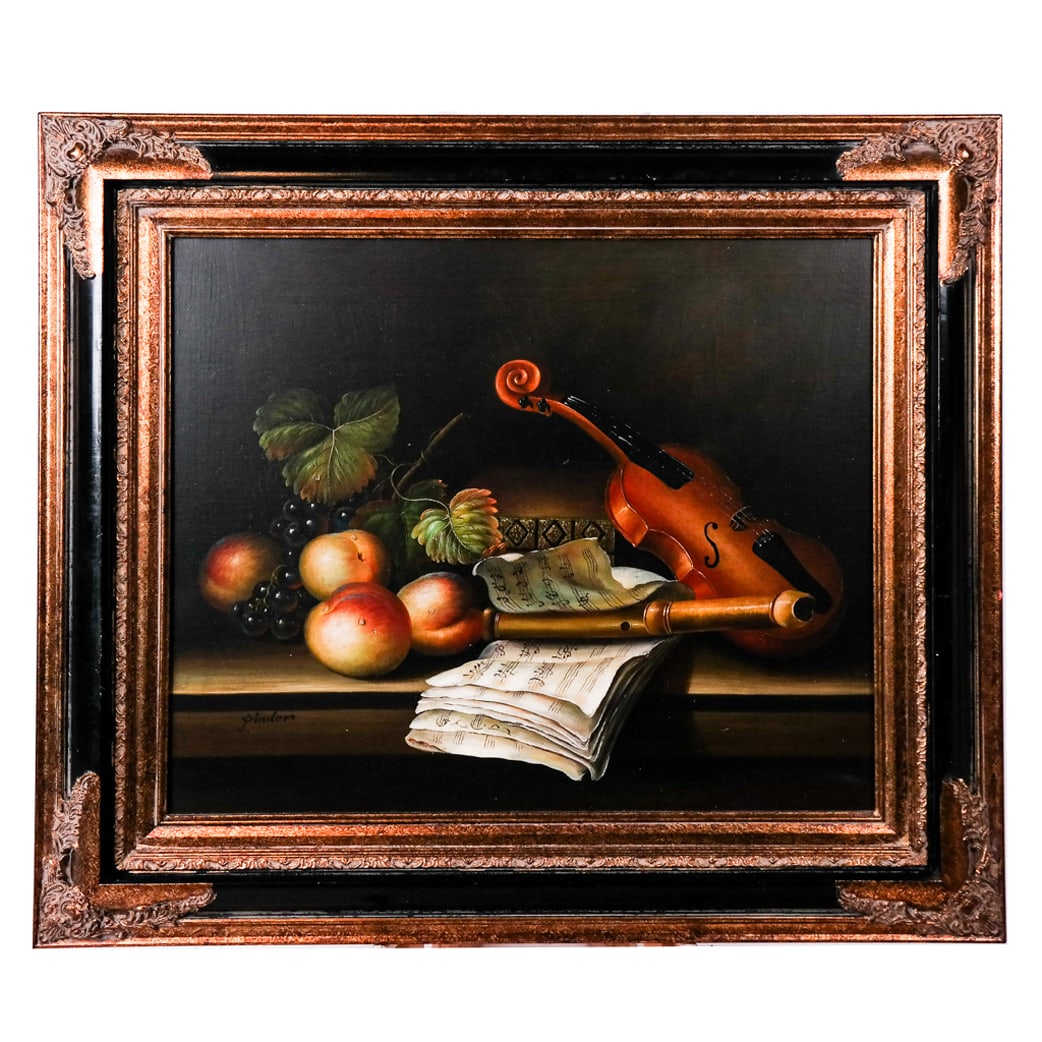 Signed "PINDER": Still Life - Oil Painting: Modern table still life with fruit and violin, signed "Pinder" lower left, in oil on canvas. [Art: 19" H x 23" W; Frame: 28" H x 32" W].