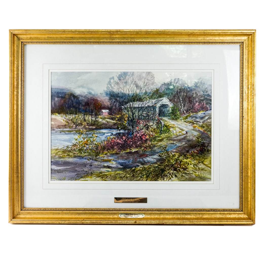 Nathalie J. NORDSTRAND: Vermont - Watercolor: Nathalie Johnson Nordstrand (American, b. 1932) watercolor on paper titled "Deep Trout River", depicting Comstock Bridge, Vermont, signed lower right, bearing labels verso. [Frame: 26 1/2" H x 33 1/2"