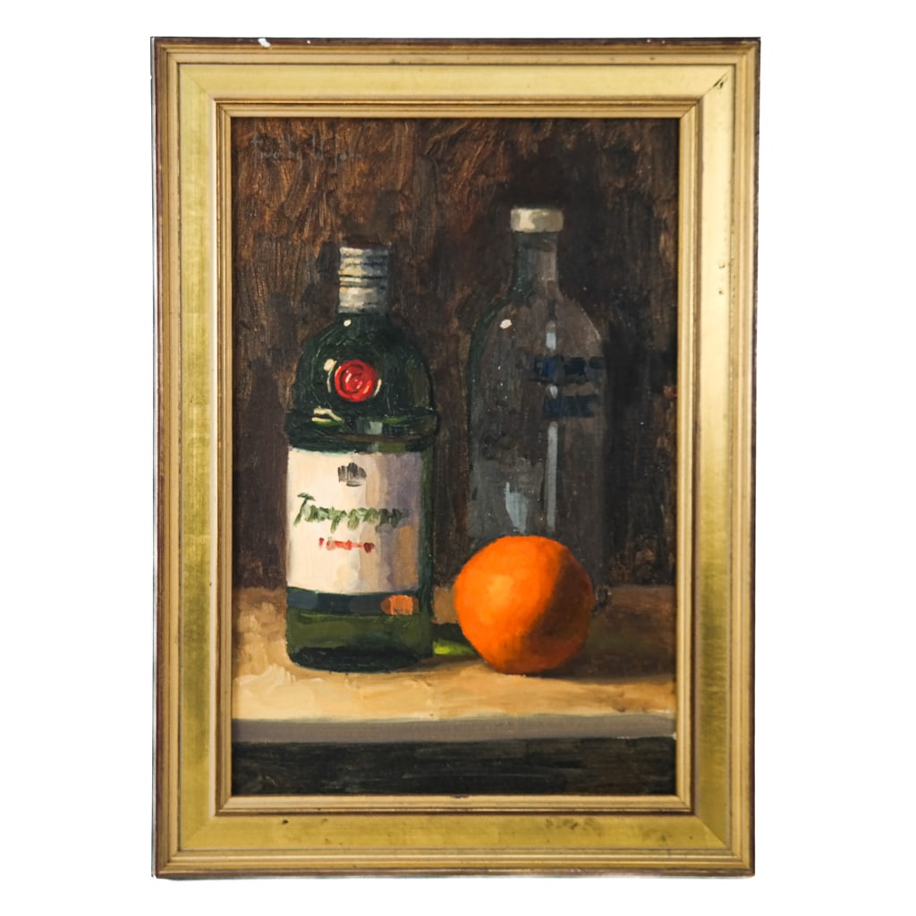 Timonthy W. JAHNS: "Just Deserts" - Oil Painting: Timothy W. Jahns (American, b. 1977) oil on linen canvas painting titled "Just Deserts", circa 2006, depicting an orange and bottles, signed upper left, bearing labels verso. [Art: 18" H x 12" W; Fram