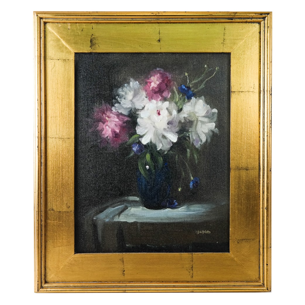 Gaile Snow GIBBS: Still Life - Oil Painting: Gaile Snow Gibbs (American, b. 1942) oil on canvas painting, circa 2005, titled "Peony Bouquet", a still life with flowers, signed lower right, bearing labels verso. [Art: 14" H x 11" W; Frame: 19 1/2