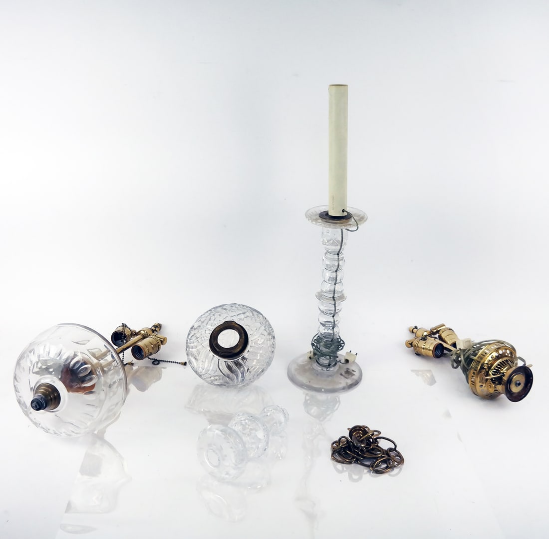 Group of Brass and Glass Lighting Fixtures: All disasembled, possibly incomplete. [Lamp: 21 x 5 1/2 diam. inches]. Possibly incomplete.