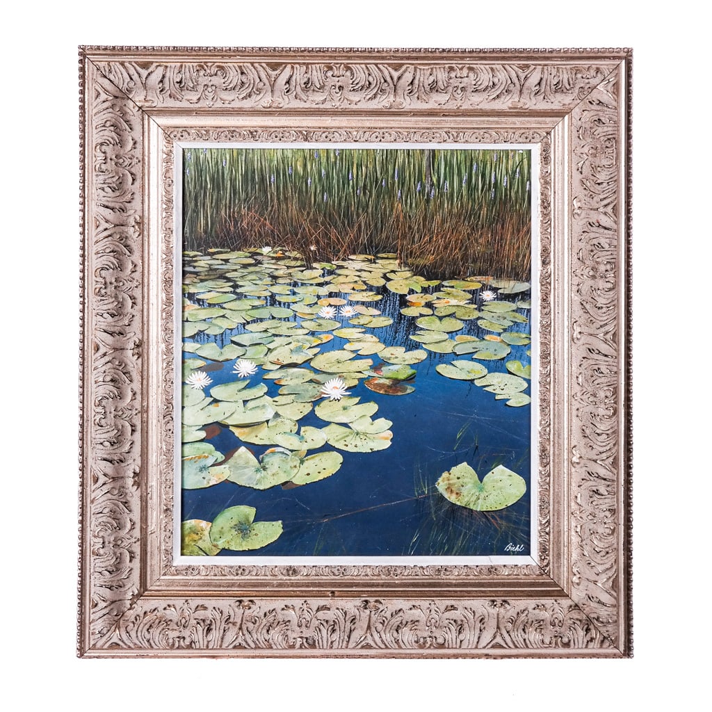 Arthur BIEHL: Waterlilies - Acrylic on Masonite: Arthur Biehl (American, 1926-2004) orantely framed acrylic on masonite titled "Waterlilies," signed lower right "Biehl" and labeled to verso, dated 1991. [Frame: 20 1/2" H x 19" W x 2" D; Image: 14" H