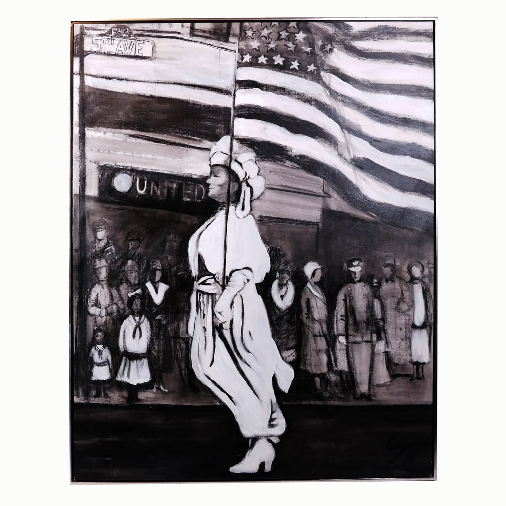 Manner of Reginald MARSH: Parade Down 5th Avenue: Depicting a parade down Fifth Avenue, New York with a lady carrying the flag of the United States of America. [Sight: 64 x 50 inches; Frame: 66 x 51 3/4 inches]. In overall good condition, some light