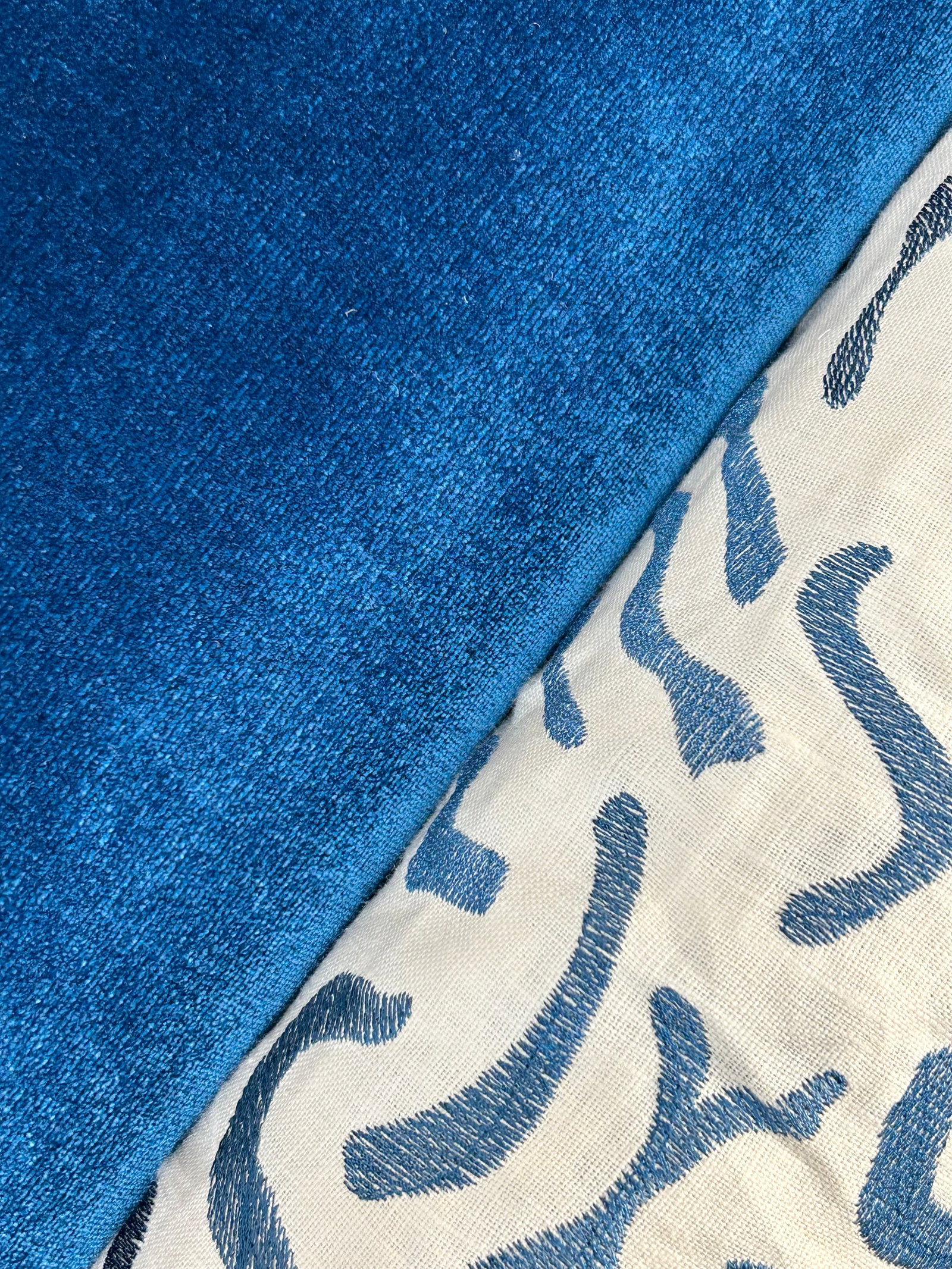 Vaughan and Cowtan & Tout Fabrics: 1) 2 3/4 yards of Vaughan's viscose embroidered liner ground called "Keros", #NF0030.BL, blues on off-white, 50" wide. Design was inspired by Parisian 17th century reticulated stone buildings. Repeats