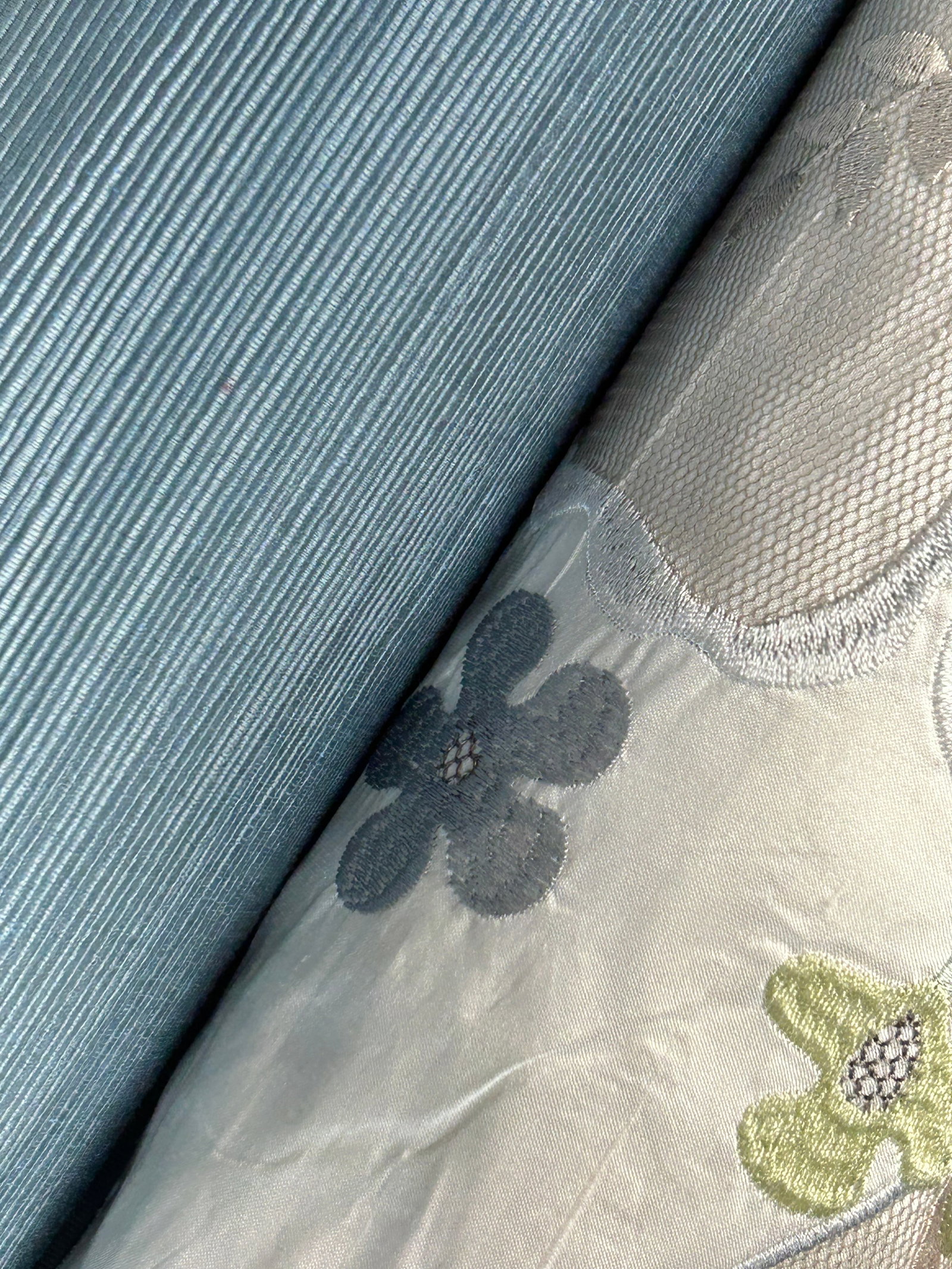 Zimmer & Rohde and Scalamandre Fabrics: 1) 6 yards (6 1/4 as 6) of Zimmer & Rohde's "Eugenie" embroidered silk taffeta, Item # 19468/990, 53 1/2" width. The seamed width is 52" wide. The unique floral is in light greys, tans and a touch of 
