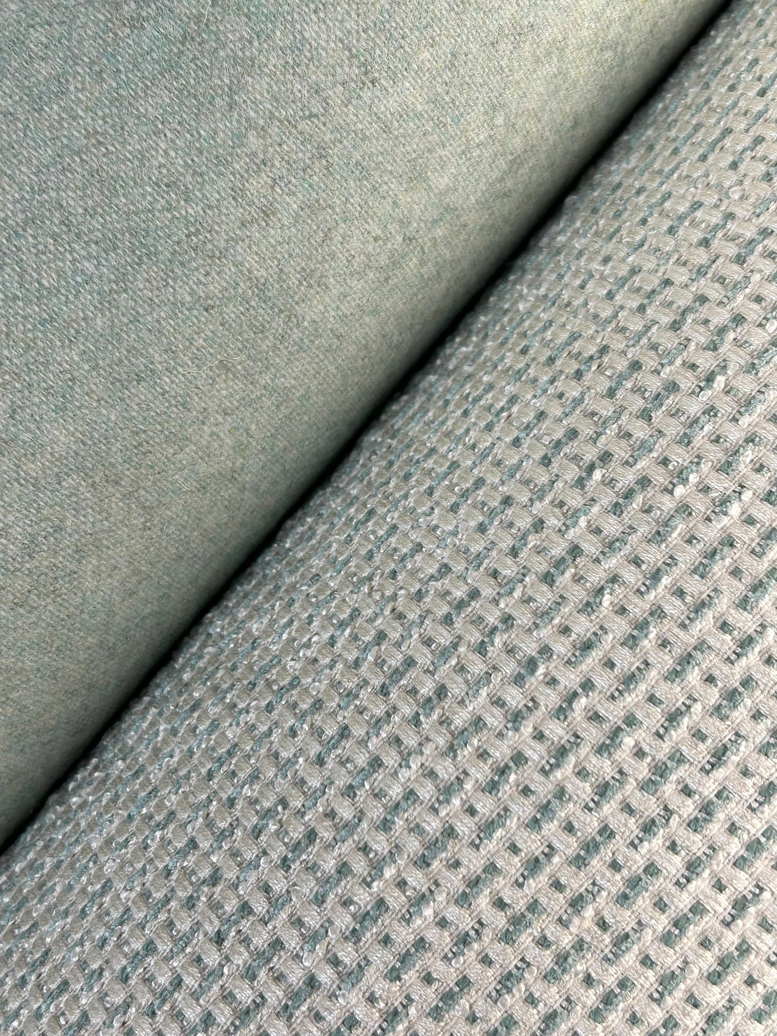 Jacques Bouvet and Holland & Sherry Fabrics: 1) 14 yards of Jacques Bouvet's "Saint Florent" upholstery texture in color "Spa", 56" wide. The 68" spun rayon and 32% cotton jacquard passes 30,000 Wyzenbeck D.R. and is USA-made. Also passes UFAC C