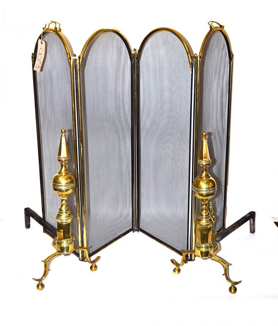 Pair of Andirons & Fire Screen: Pair of brass andirons and a four-fold fire screen. Andirons in good condition, fire screen as is.